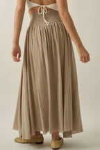 Solid Cotton Gauze Drop-Waist Yoke Maxi Skirt