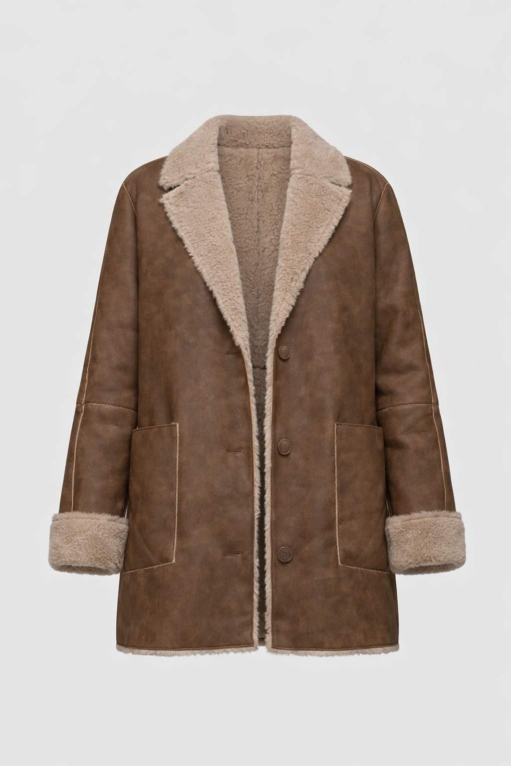 Lapel Collar Button Down Double Sided Faux Leather Coat