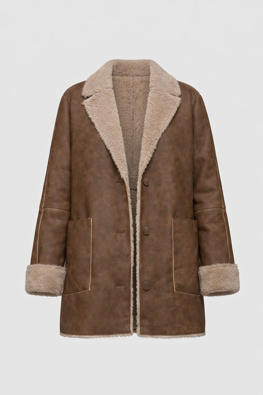 Lapel Collar Button Down Double Sided Faux Leather Coat