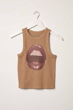 Open Lips Waffle-Knit Graphic Racerback Tank Top