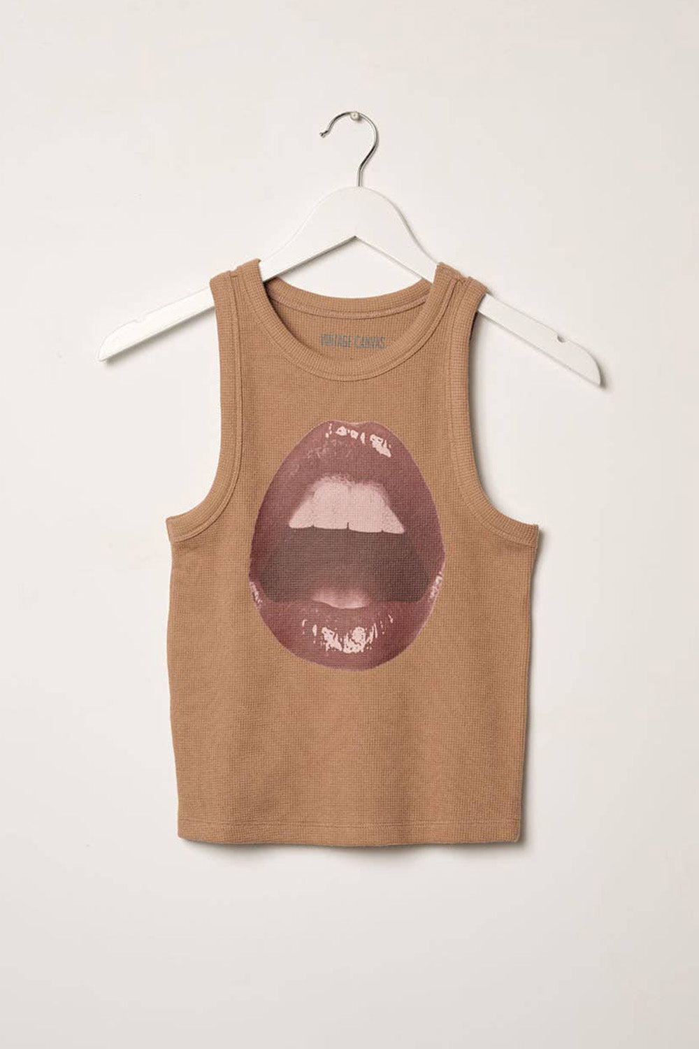 Open Lips Waffle-Knit Graphic Racerback Tank Top
