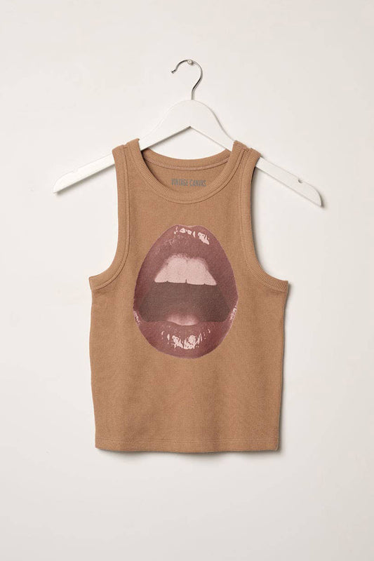 Open Lips Waffle-Knit Graphic Racerback Tank Top