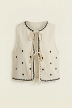 Embroidered Diamond Tie-Front Sleeveless Vest
