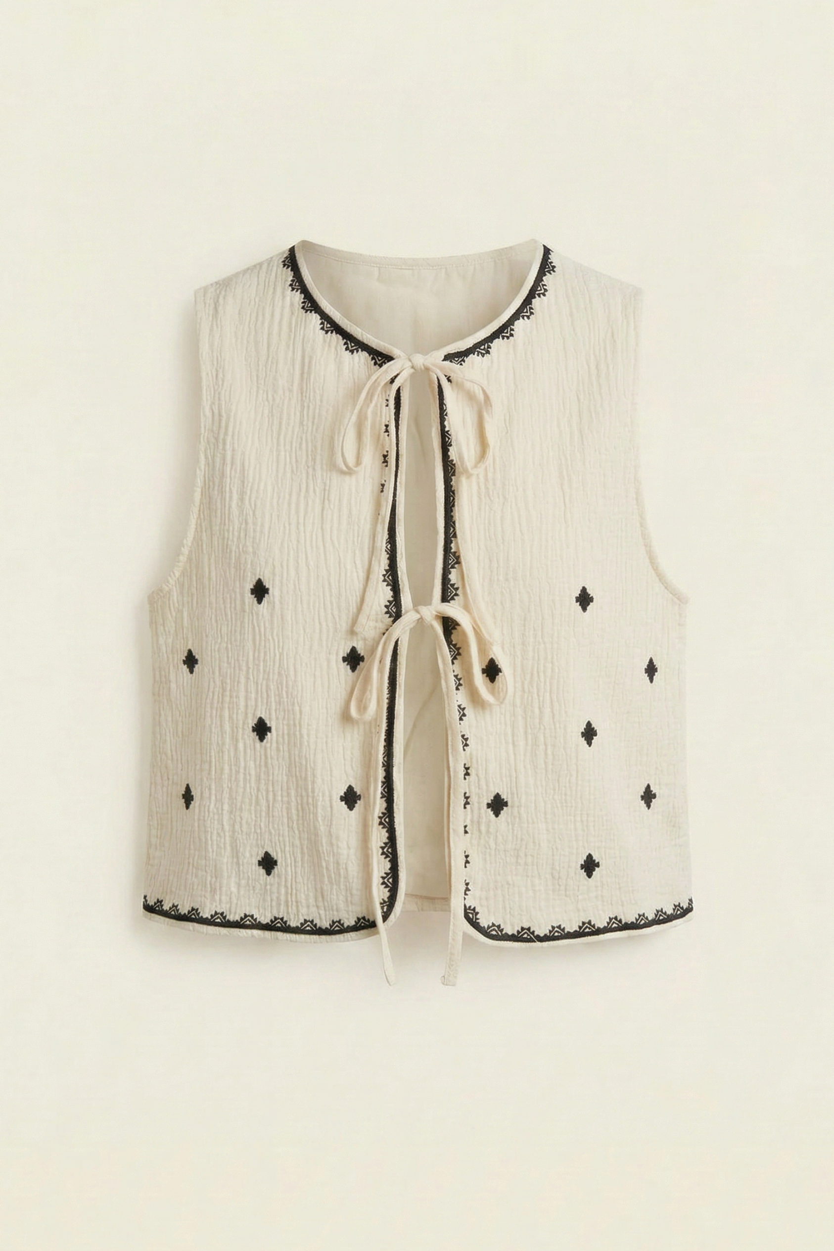 Embroidered Diamond Tie-Front Sleeveless Vest