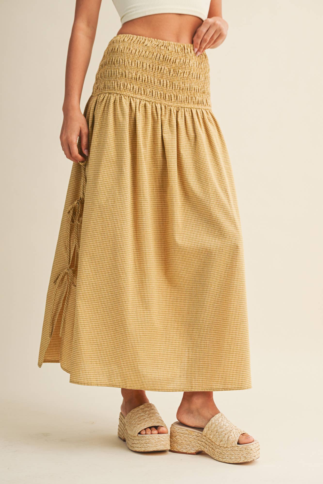 Shirred Waist Adjustable Side-Tie Skirt