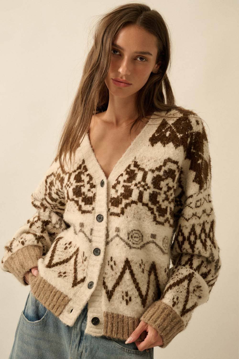 Brushed Alpine-Knit Button-Front Cardigan