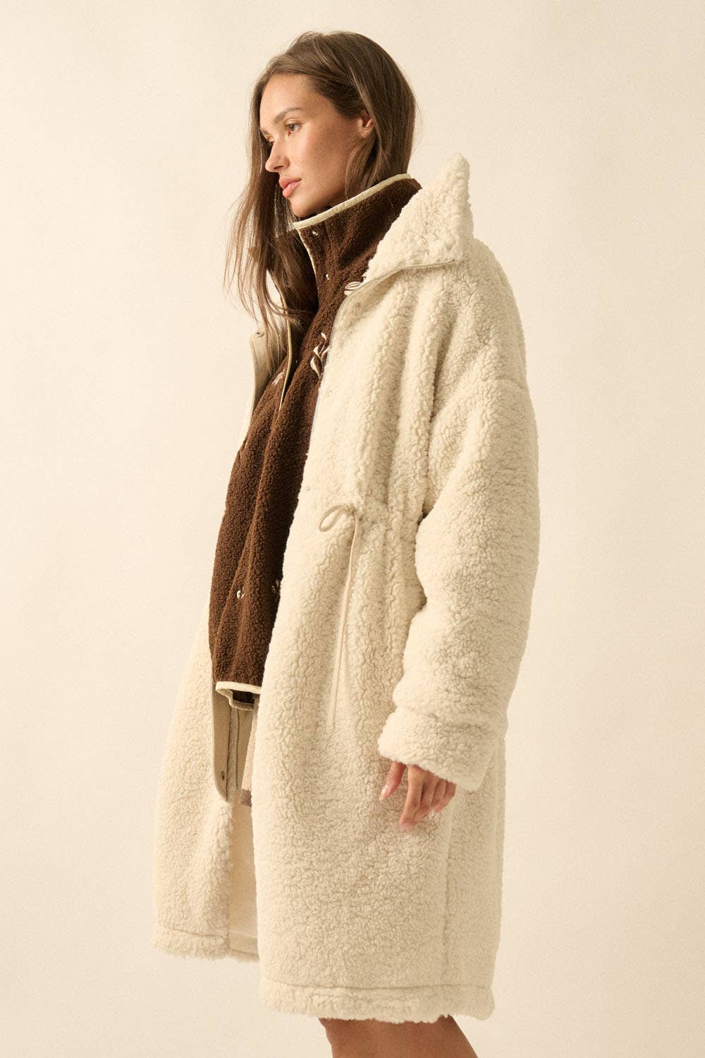 Faux Shearling Zip-Up Drawstring Knee-Length Coat