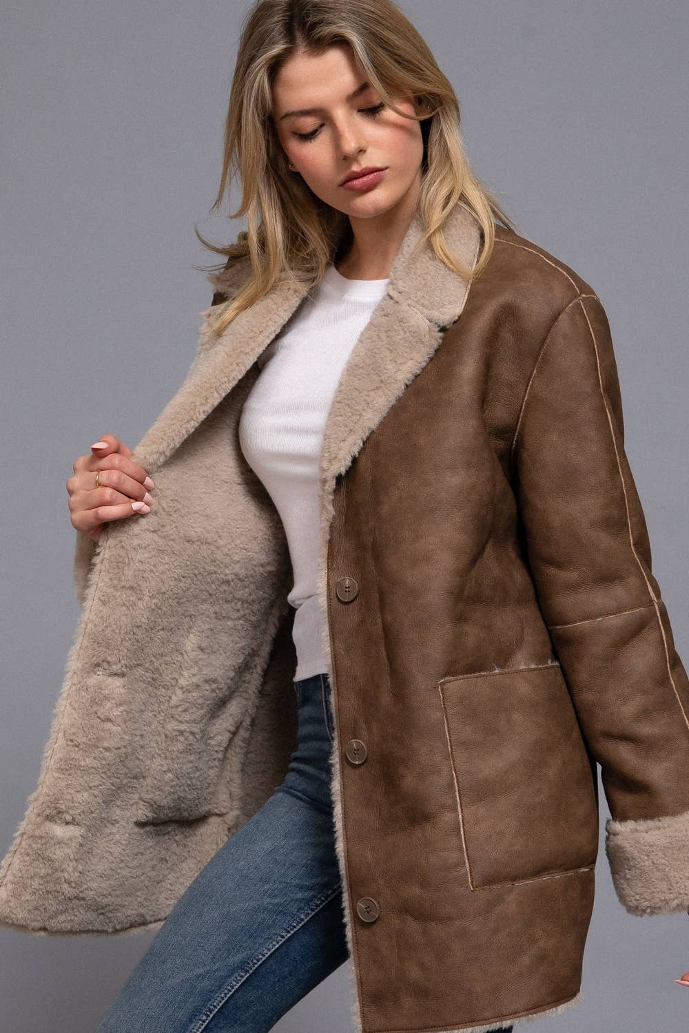 Lapel Collar Button Down Double Sided Faux Leather Coat