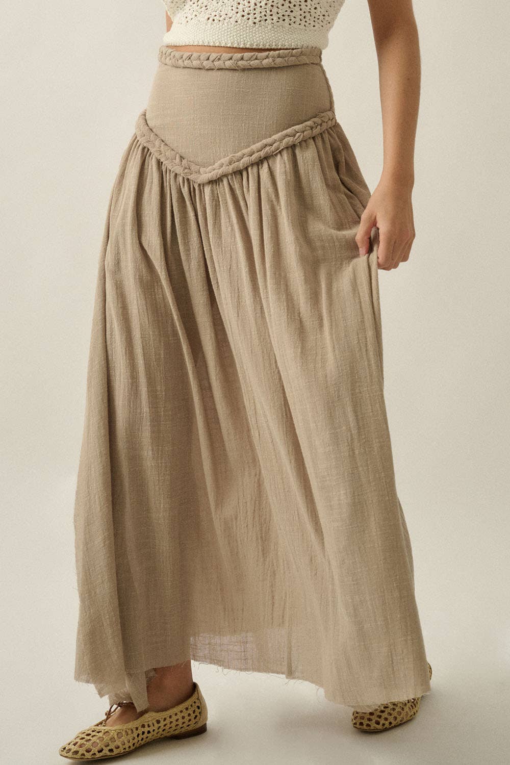 Solid Cotton Gauze Drop-Waist Yoke Maxi Skirt