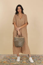 Long dress v-neck 62733 100% linen: Dust