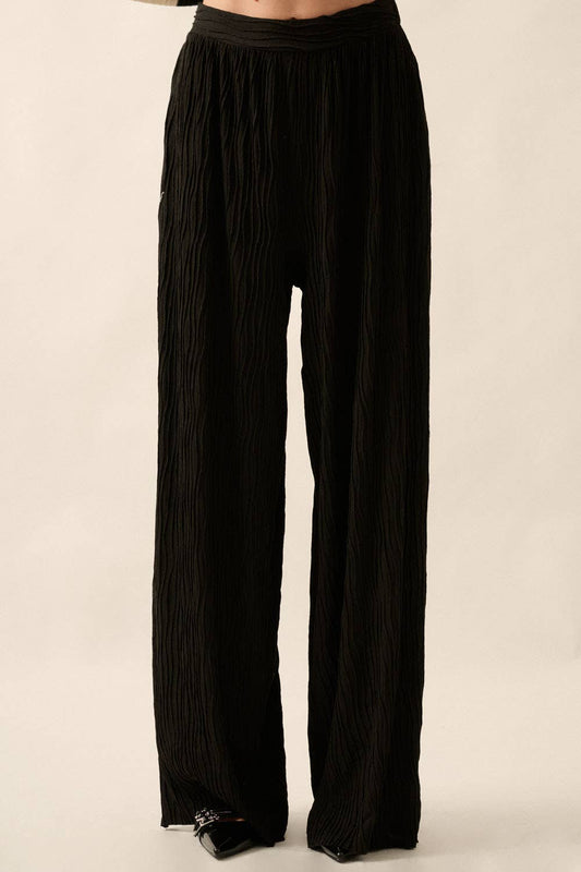 Solid Wavy Texture Rib-Knit Wide-Leg Pants