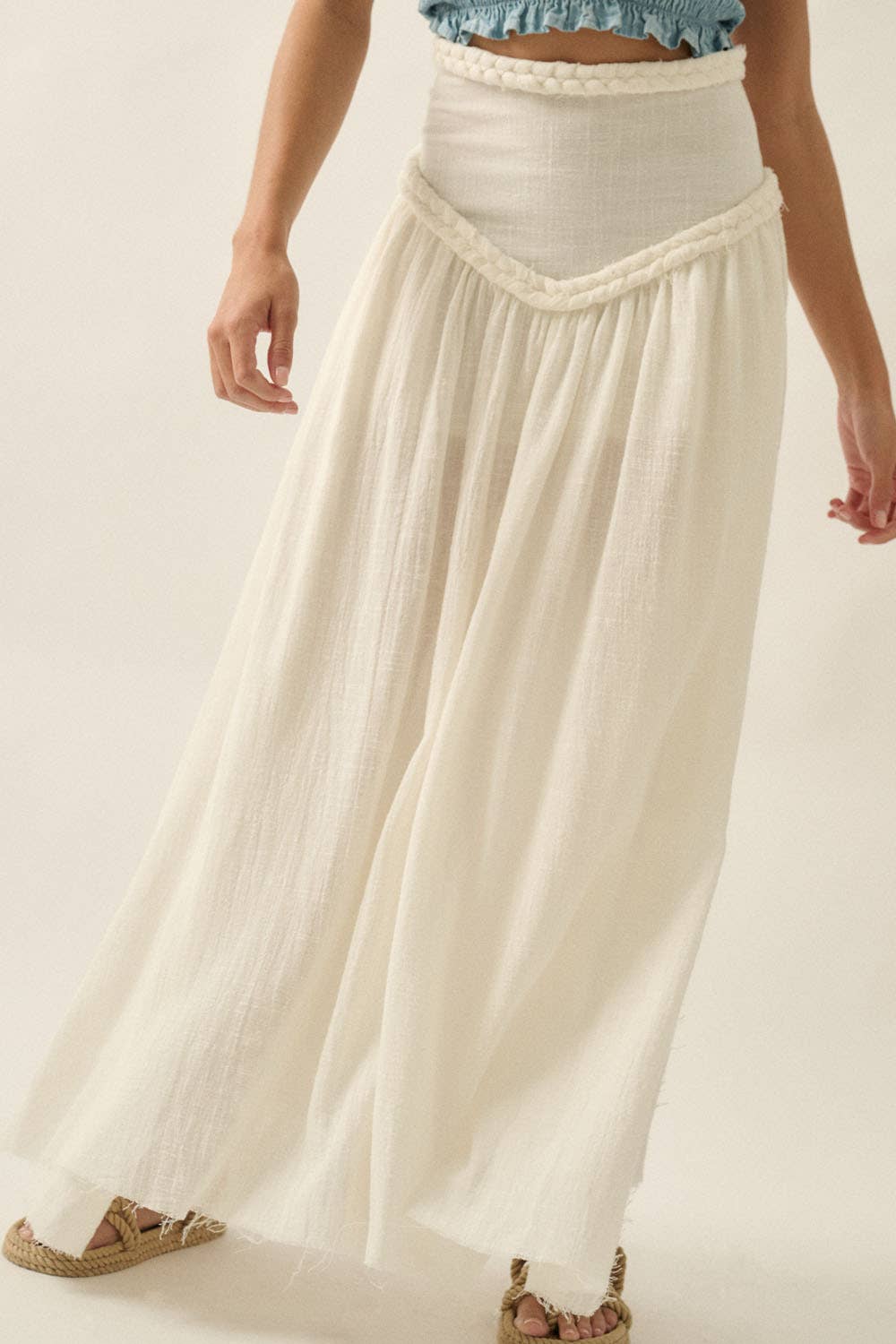 Solid Cotton Gauze Drop-Waist Yoke Maxi Skirt