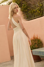 Textured Cotton One-Shoulder Gathered Maxi Dress