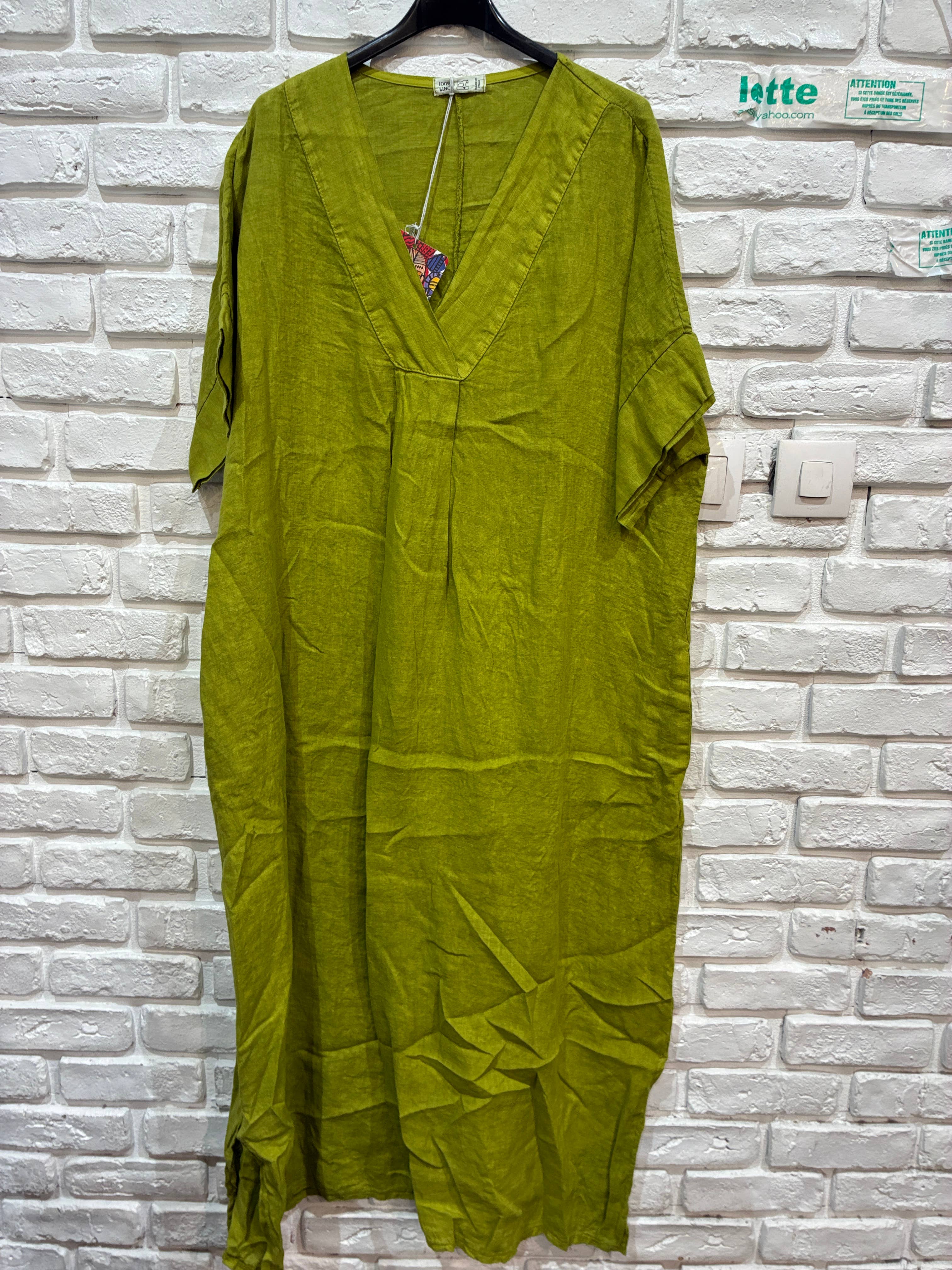 Long dress v-neck 62733 100% linen: VERT ANIS
