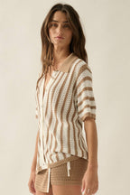 Striped Crochet-Knit Button-Up Collared Short-Sleeve Shirt