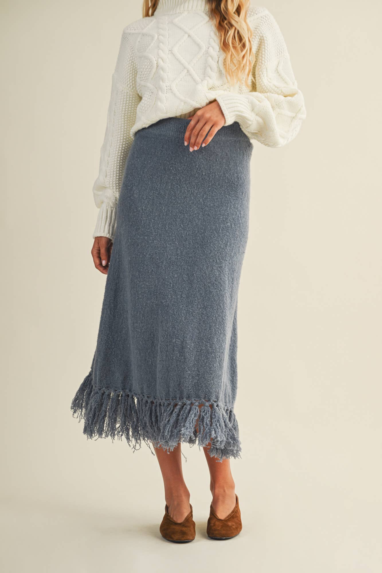 Artisanal Fringe Hem Knit Skirt