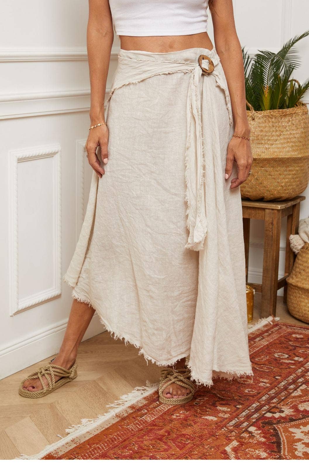 Linen skirt with drawstring 1013 100% linen: Bleu sky