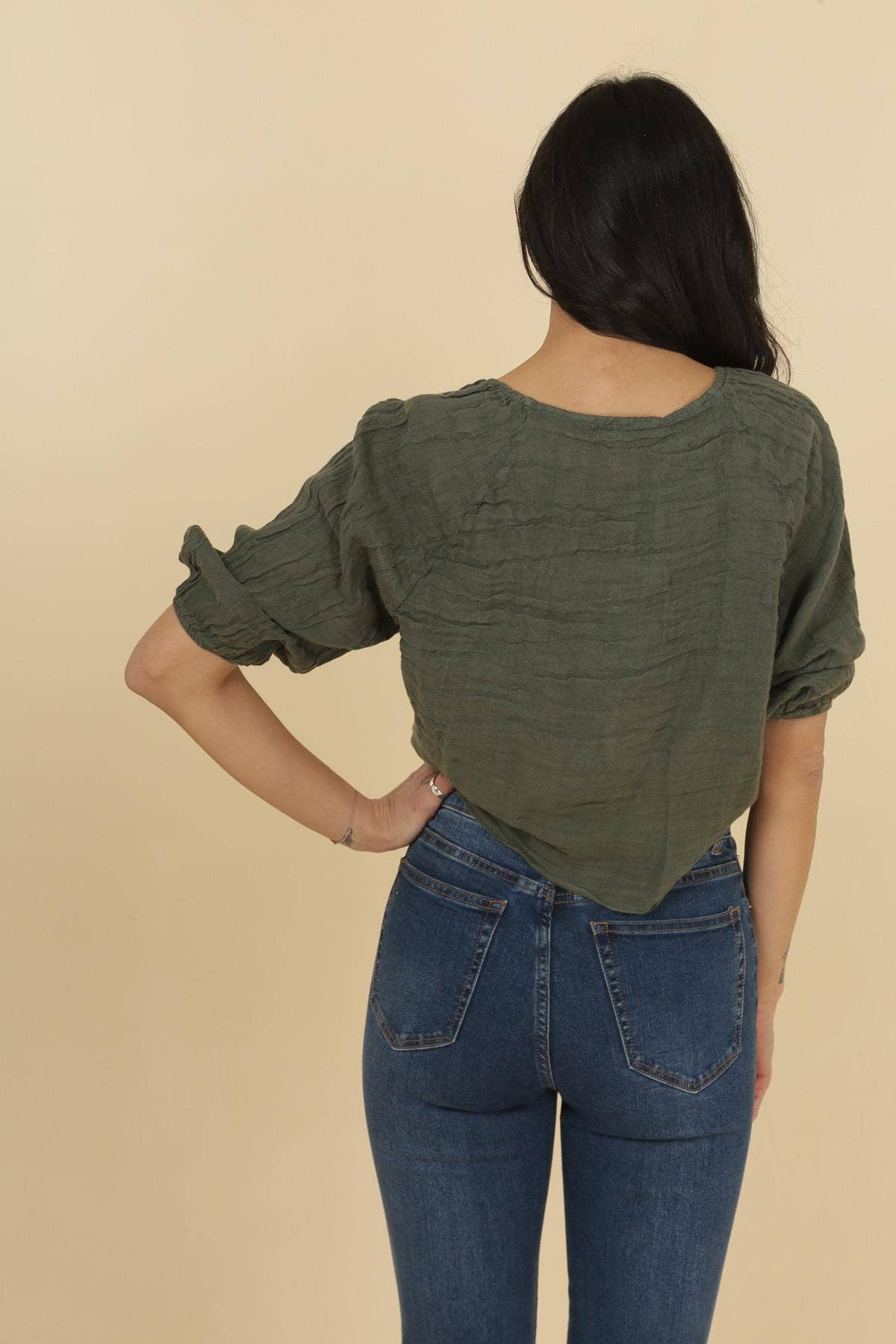Linen wrap top 621286 100% linen: KAKI
