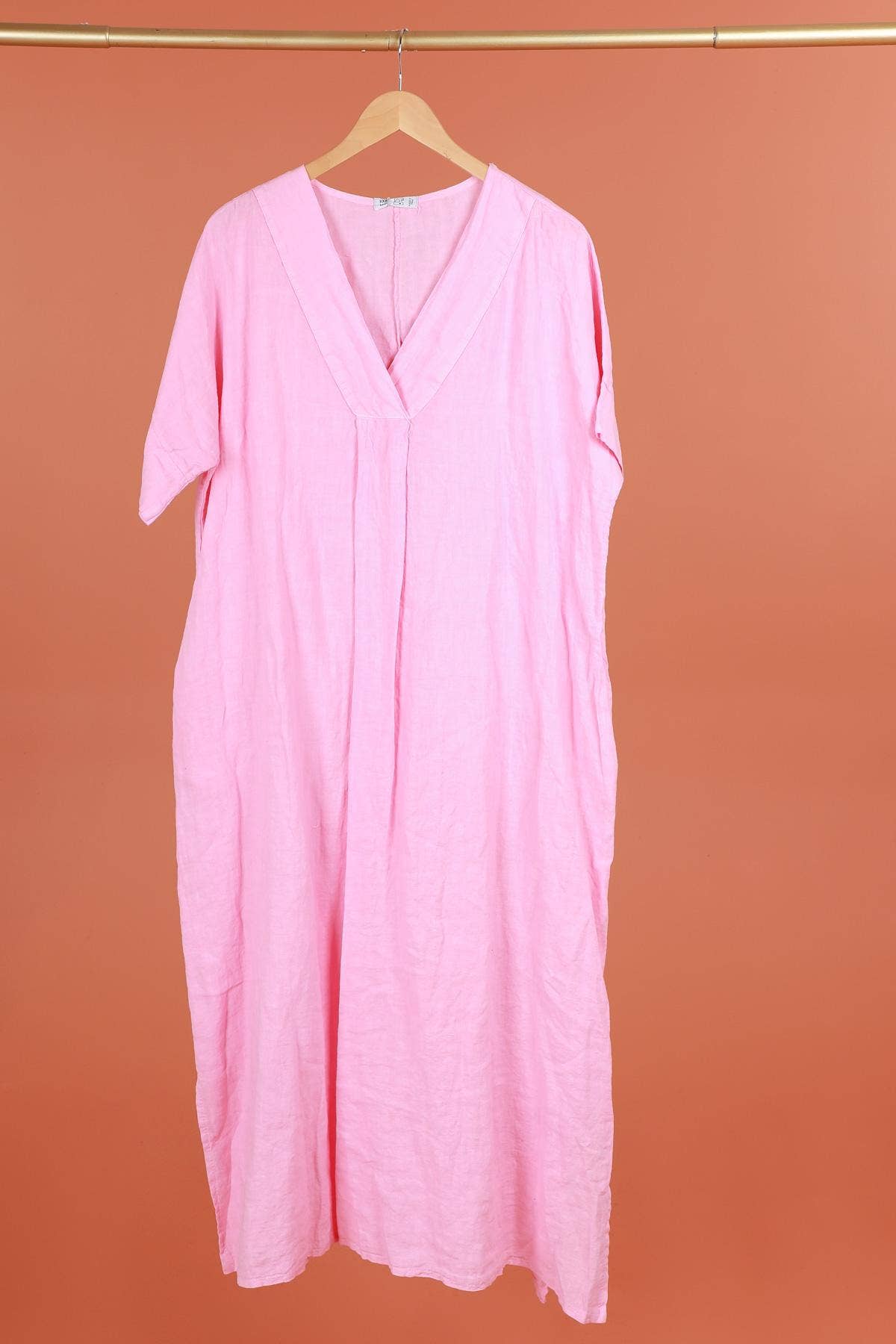 Long dress v-neck 62733 100% linen: VERT ANIS