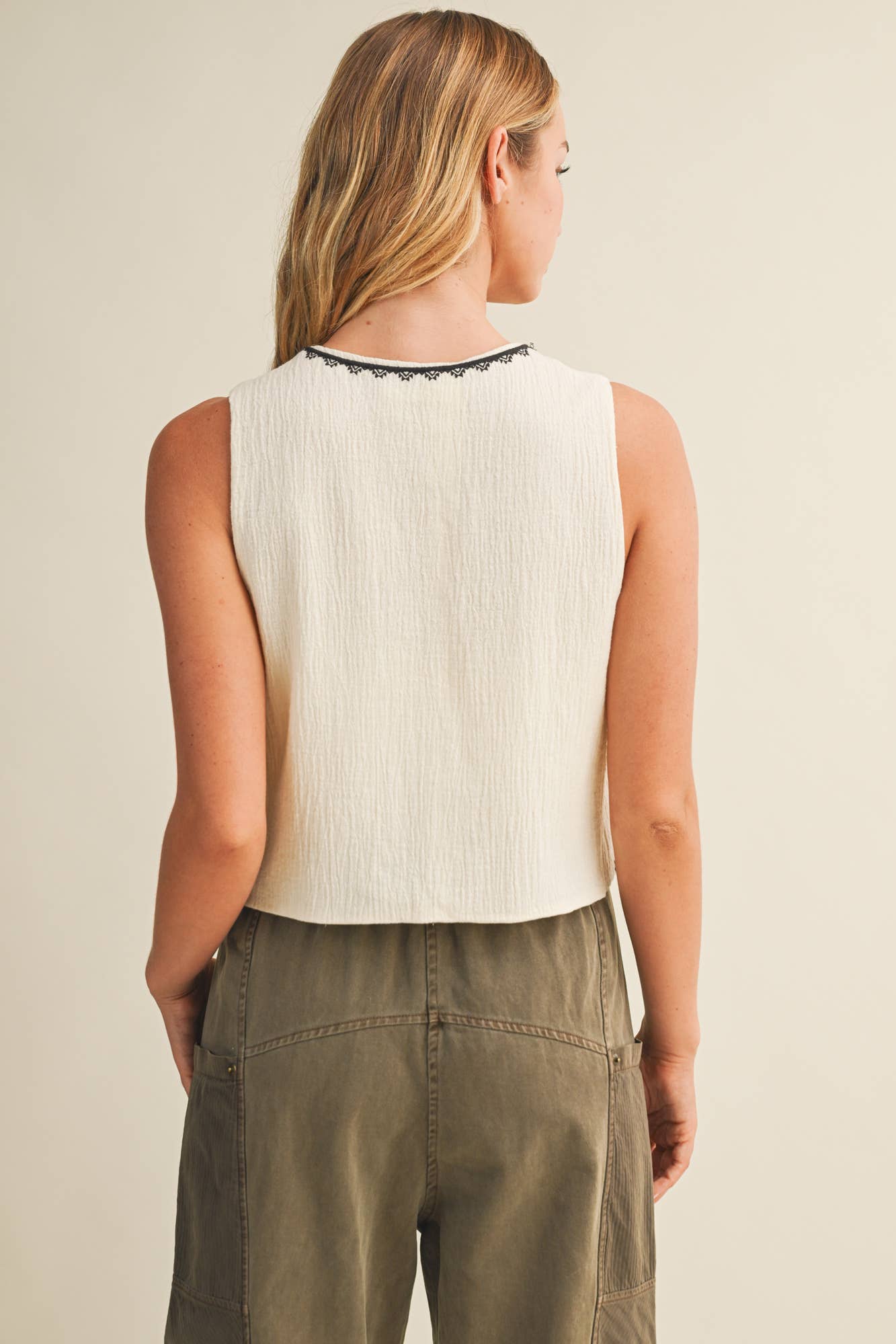 Embroidered Diamond Tie-Front Sleeveless Vest