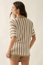 Striped Crochet-Knit Button-Up Collared Short-Sleeve Shirt