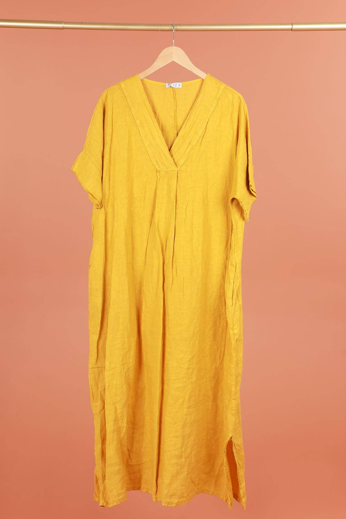 Long dress v-neck 62733 100% linen: White