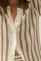 Striped Crochet-Knit Button-Up Collared Short-Sleeve Shirt