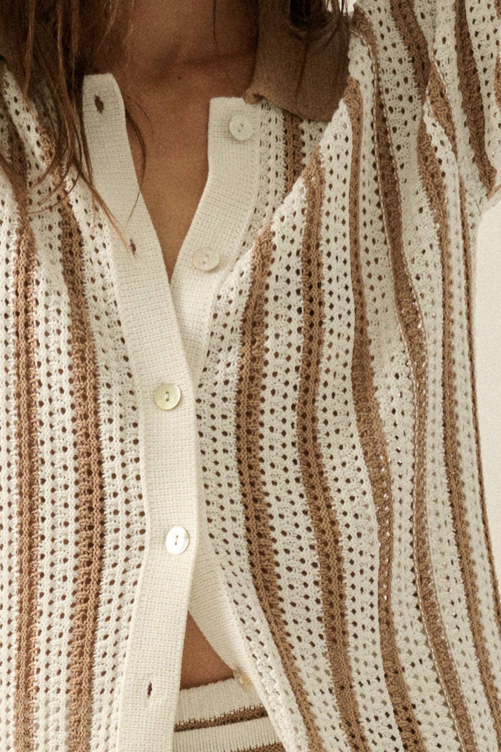 Striped Crochet-Knit Button-Up Collared Short-Sleeve Shirt