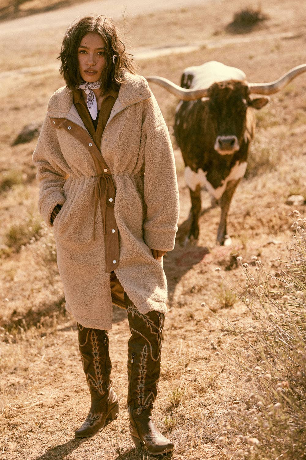 Faux Shearling Zip-Up Drawstring Knee-Length Coat